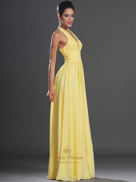 Yellow Chiffon A Line Halter V Neck Floor Length Prom Dress With