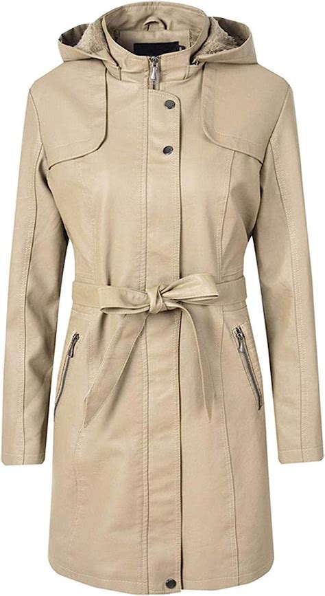 Womens Fleece Lined Hooded Mid Long Belted Faux Leather Jacket Trench