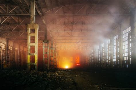 Fire In The Factory Ruined Building Full Of Smoke Stock Image Image