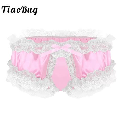 tiaobug men shiny satin soft frilly ruffle lace open crotch sissy panties lingerie crotchless