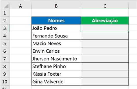 Como Inserir Abreviação de Nomes no Excel Exemplo