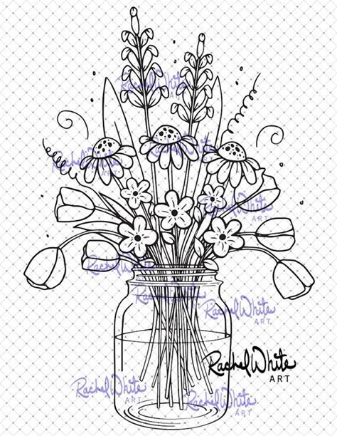 Drawing a bouquet of flowers in a jar on a white background. Wildflower Mason Jar Digital Stamp, PNG 8x10 300 dpi ...