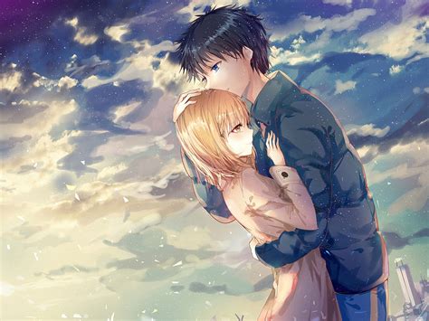 Wallpaper Hug Clouds Anime Couple Scenic Romance Resolution