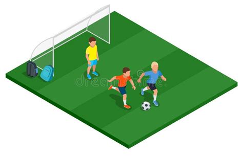 Children Playing Soccer Outdoors Flat 3d Vector Isometric Illustration