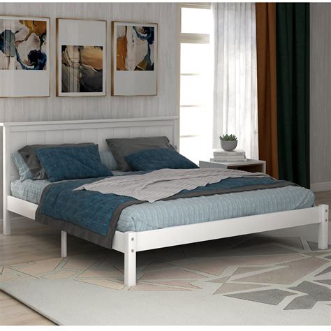 White Queen Bed Frame Modern Wood Platform Bed Frame With Headboard Heavy Duty Queen Bed