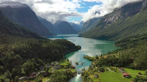 Beautiful Nature Norway natural landscape. Aerial footage lovatnet lake Lodal valley. Stock ...