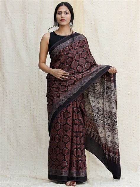 Ajrakh Hand Block Printed Modal Silk Saree At Indubindu