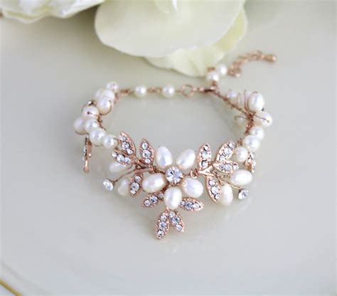 Rose Gold Bridal Bracelet Pearl Wedding Bracelet Bridal Jewelry