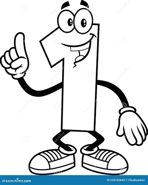 Outlined Funny Number One 1 Cartoon Character Showing Hand Number One
