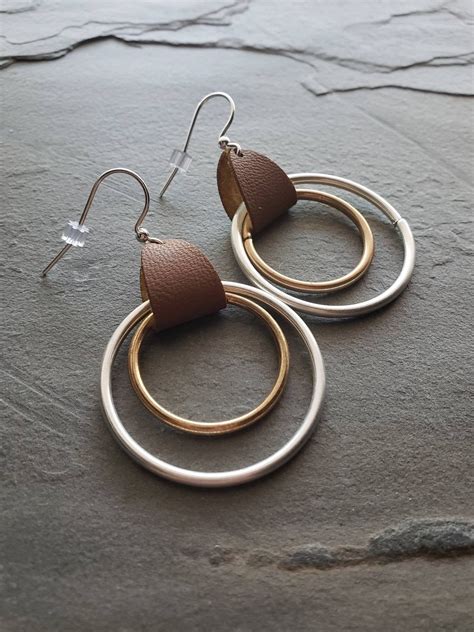Leather Double Hoop Statement Earrings Bronze Silver And Leather