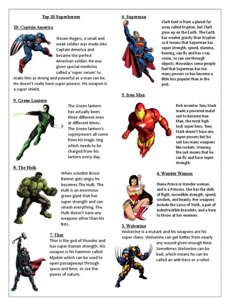 Top 10 Superheroes Reading Comprehension Exercises Writing Creative W
