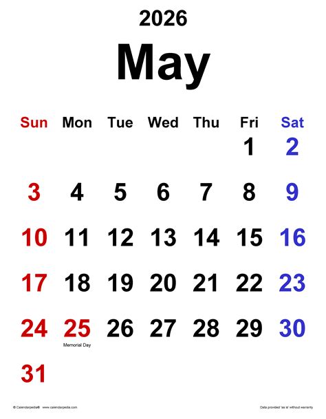 May 2026 Calendar Templates For Word Excel And Pdf