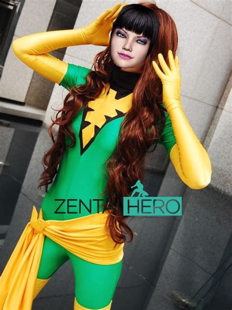 Newest Custom X Men Costume Phoenix Jean Grey Sexy Green Gold Lycra Spandex Superhero Zentai