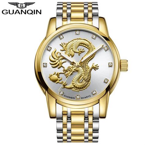 Guanqin Men Watches Chinese Gold Dragon Brand Luxury Sculpture Quartz