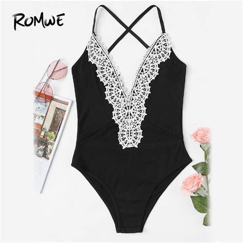 Buy Romwe Contrast Crochet Lace Cross Back Bodysuit