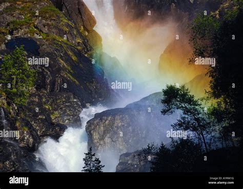 Rainbow Over Latefossen Or Latefoss Waterfall Odda Hordaland Norway