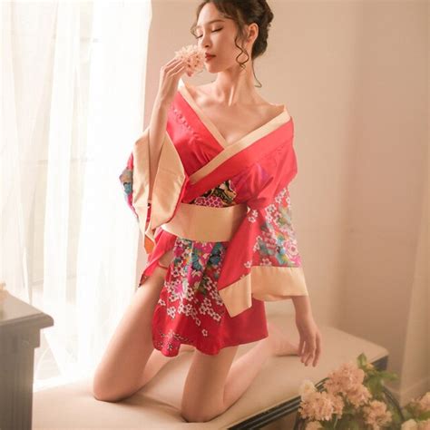 Red Black Japanese Kimono Slik Floral Print Sexy Lingerie Nightgown
