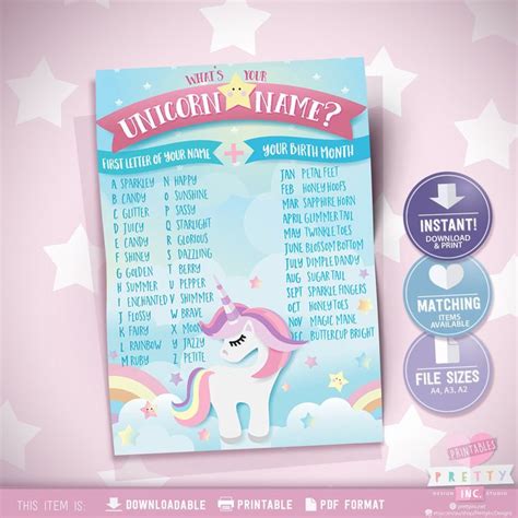 Unicorn Name Game Unicorn Party Game Whats My Unicorn Name Etsy