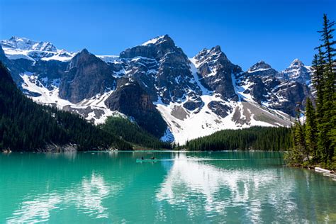 Beautiful Turquoise Water Of The Moraine Lake With Snowcovered Valley