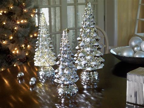 Set Of 3 Mercury Glass Trees Shown Here In Silver Illuminate With A Twinkling Or Steady Effect