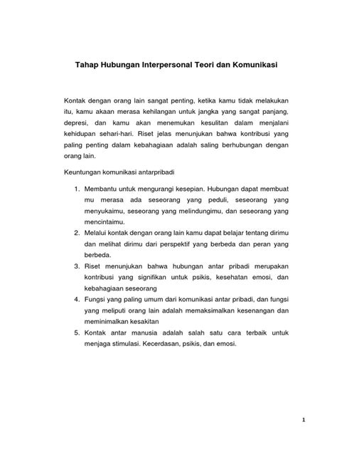Teori komunikasi interpersonal menurut devito (1997), ada lima aspek efektivitas komunikasi interpersonal, yaitu: Tahap Hubungan Interpersonal Teori dan Komunikasi