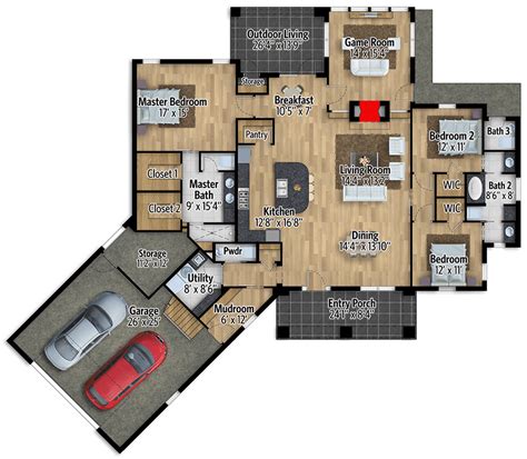 Plan 7672 | 1,616 sq ft. Split Bedroom Craftsman House Plan with Game Room ...
