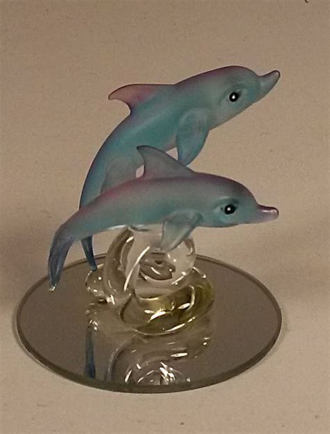Ug Hand Sculpted Blown Glass 22kt Dolphins Figurine On Mirror Base New