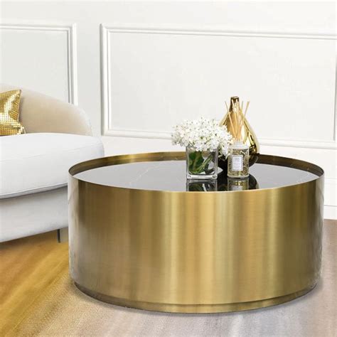 Marc Black Marble Gold Coffee Table Round Drum Base Gold Coffee