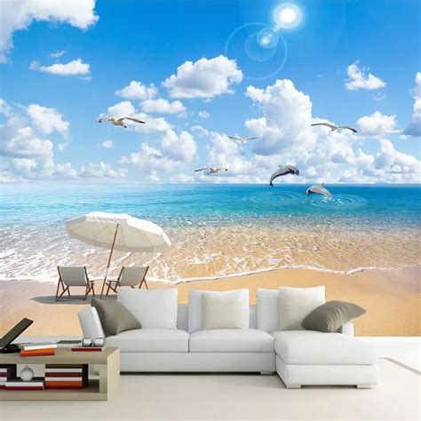 Custom 3d Photo Wallpaper Sandy Beach Seascape Sea Wave Living Room