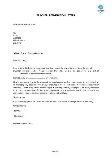 Make sure that you have amended this letter before using it for i understand that in my contract of employment i need to give one months notice to leave my position. Teacher Resignation Letter with notice period | Templates at allbusinesstemplates.com