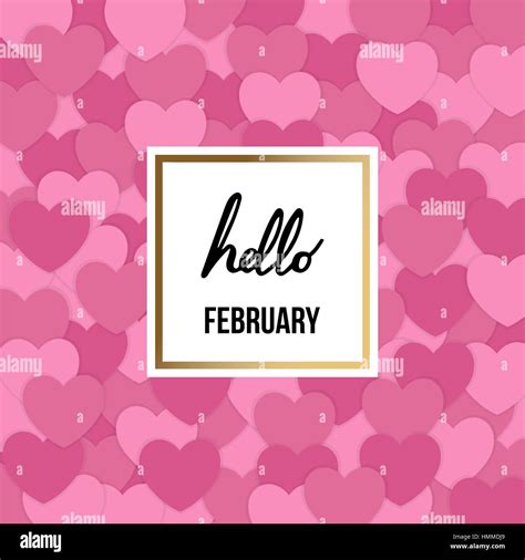 Hello February Card Design With Pink Hearts Valentines Day Vector