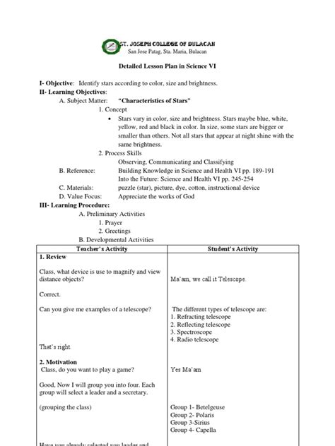 Detailed Lesson Plan In Science 6 Stars Sun