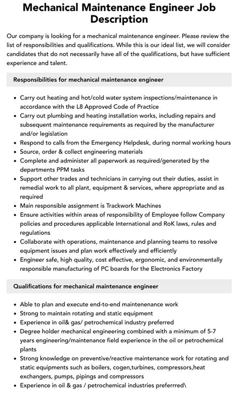 Mechanical Maintenance Engineer Job Description Velvet Jobs