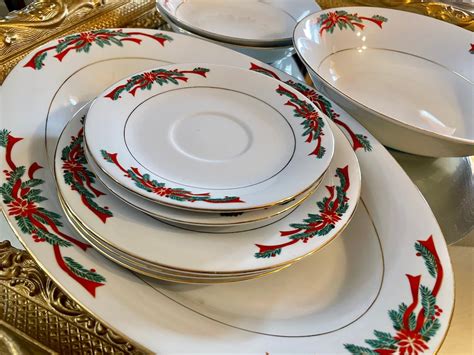 Vintage Christmas China Poinsettia And Ribbons Fine China Holiday Plates