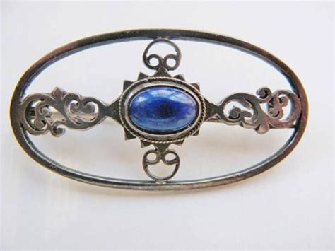 Vintage Ornate Oval Brooch With Royal Blue Cabochon Stone In Etsy