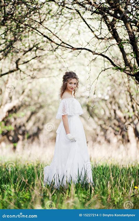Beautiful Woman In White Dress Walking In Park Stock Photo Image Of