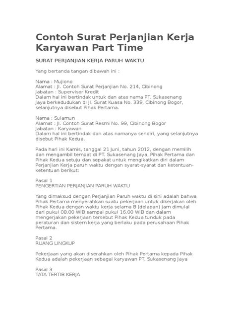 Contoh surat perjanjian perkongsian perniagaan aku dan. Contoh Surat Perjanjian Kerja Karyawan Part Time