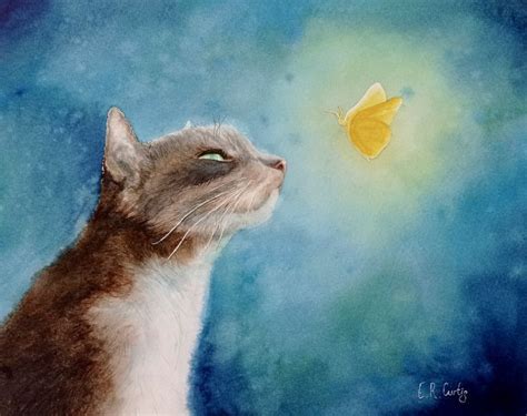 Original Cat And Butterfly Watercolour Painting Animal Lover Wall