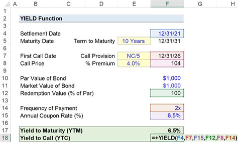 Yield Function In Excel Formula Calculator