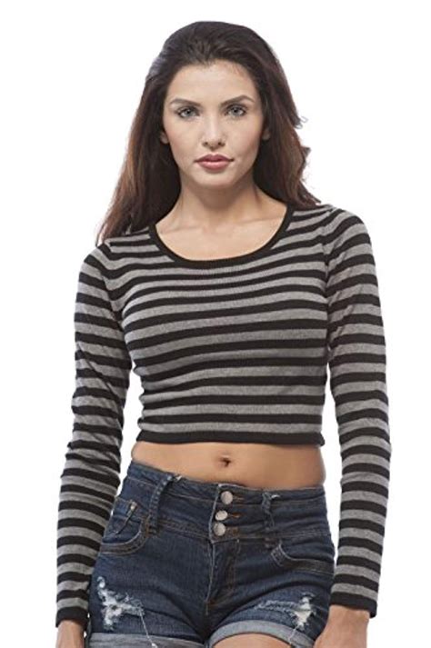 Women S Long Sleeves Striped Knit Crop Sweater Sweatshirt Shirt Click On The Image For