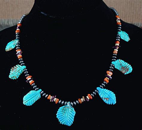 Item X Navajo Pc Turquoise Carved Leaf Necklace Native American