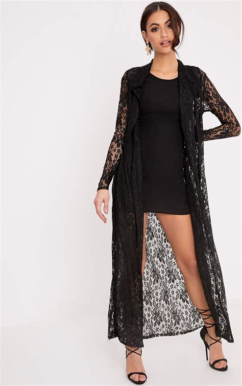 Alsa Black Lace Waterfall Duster Jacket Prettylittlething Usa