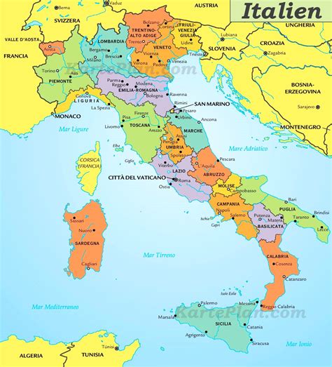 Lage von italien innerhalb europas. Italienische regionen karte