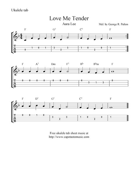 Ukulele tab, also known as ukulele tablature, is a variation of ukulele sheet music designed to help the musician visualize finger placement on frets as. Love Me Tender (Aura Lee), free ukulele tab sheet music