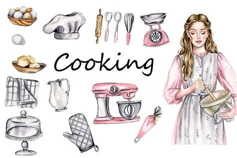 Watercolor Baking Clipart Cooking Elements Handdrawn