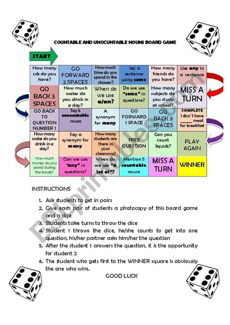 Countable And Uncountable Nouns Board Game Esl Worksheet By Deporcali