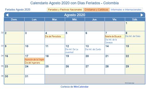 Calendario Agosto 2020 Colombia Con Festivos Calendario 2019