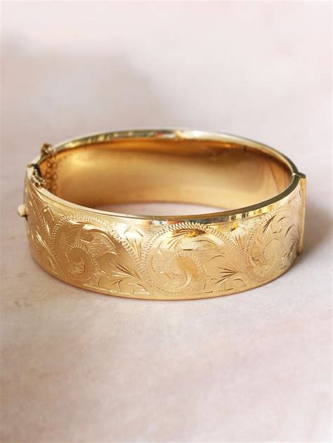 Vintage Gold Bangle Bracelet Swirl And Leaf Engraved 9ct Gold Metal Cored Cuff Decorative
