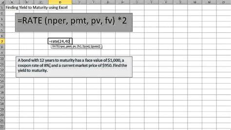 Our bond yield calculator will help you calculate the current yield and yield to maturity for a bond. Finding Yield to Maturity using Excel - YouTube