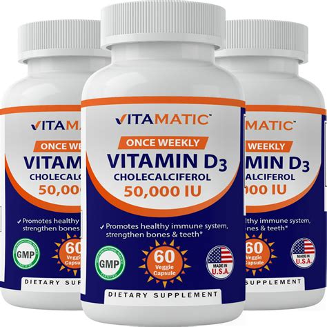 3 Pack Vitamatic Vitamin D3 50000 Iu Weekly Dose 60 Veggie Capsules